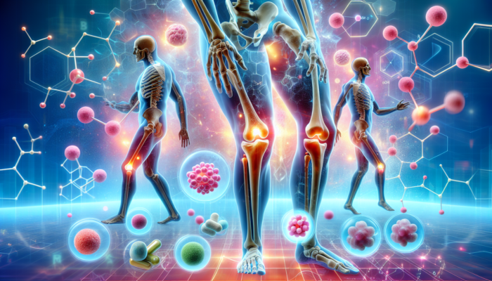 Illustration of joint supplements with glucosamine and chondroitin, showing improvement in aging to healthy joints.