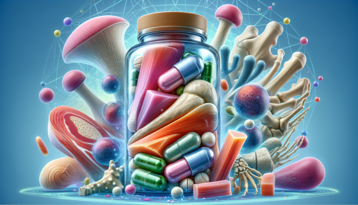 Illustration of joint supplement ingredients like glucosamine, chondroitin, MSM, and collagen enhancing joint health.