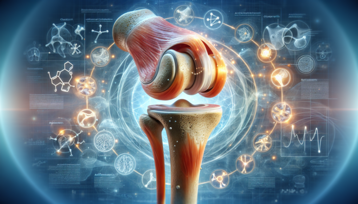 Illustration of a healthy joint with hydrated, elastic cartilage rich in chondroitin, surrounded by anti-inflammatory symbols and research studies.