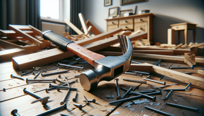 A robust claw hammer with a wooden handle amidst scattered nails and broken wooden fixtures in a UK home during house clearance.