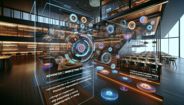Futuristic restaurant using advanced digital marketing tools for enhanced customer engagement and online reputation management.