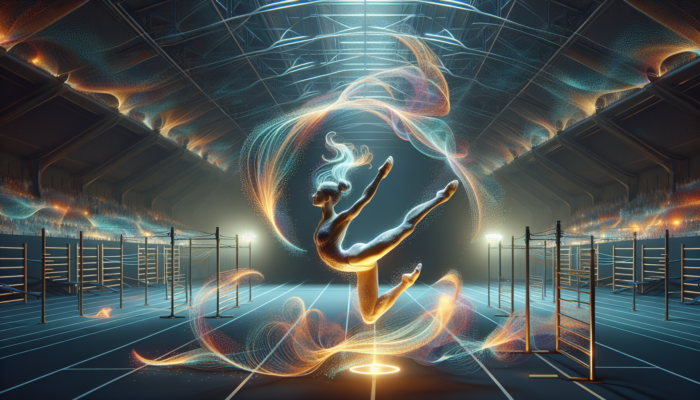 Collagen for Gymnast Flexibility: Gymnast mid-flip with glowing collagen fibers enhancing joint flexibility in a softly lit gymnasium.