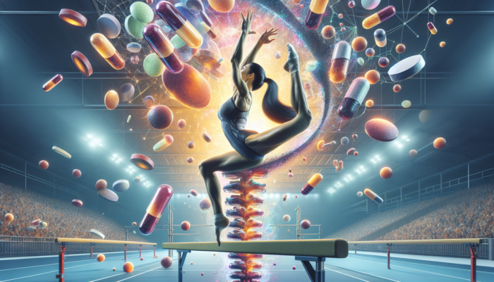 A gymnast on a balance beam with floating collagen supplement capsules around her in a vibrant gym.