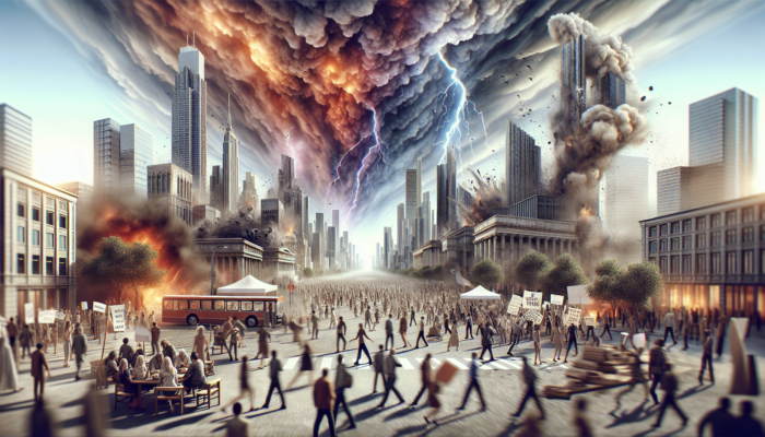 Mental Health in SHTF: A chaotic cityscape during a crisis, showing people's stress and anxiety amidst disasters and unrest.