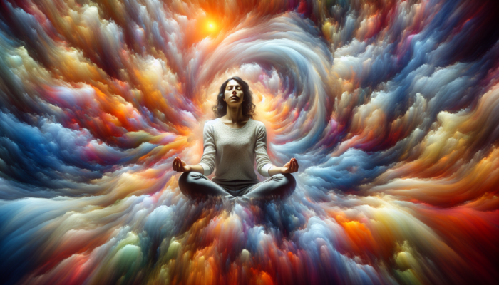 A person meditating calmly amidst chaotic swirling colors, symbolising mental clarity during a crisis.
