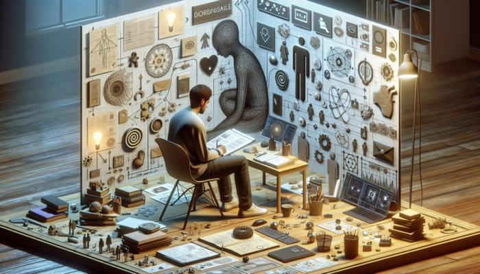 Person creating mental health plan with notes, diagrams, and support icons in a calm workspace.