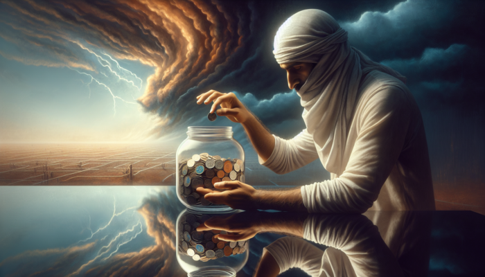 Person adding coins to "Emergency Fund" jar against stormy sky, symbolising financial security.