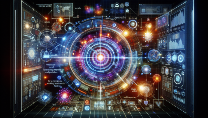 A futuristic interface with Google's verification badge unlocking glowing marketing tools, enhancing visibility and engagement.