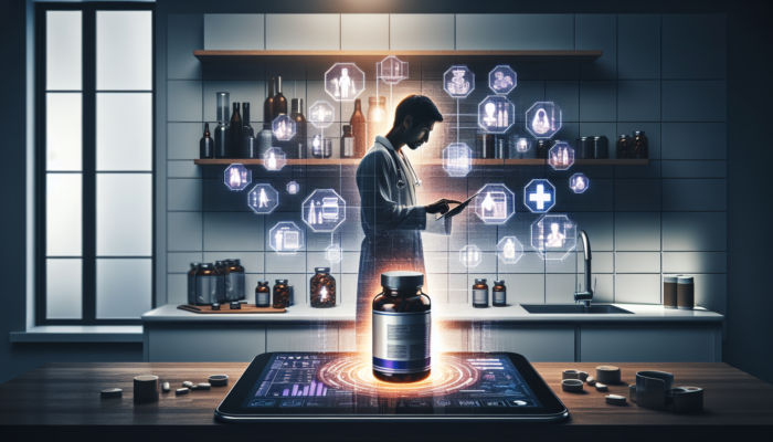 Individual researching supplements on a tablet while consulting a doctor via video call in the kitchen.
