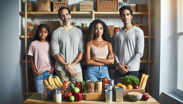 A diverse family by a well-stocked pantry, symbolising food security and preparedness.