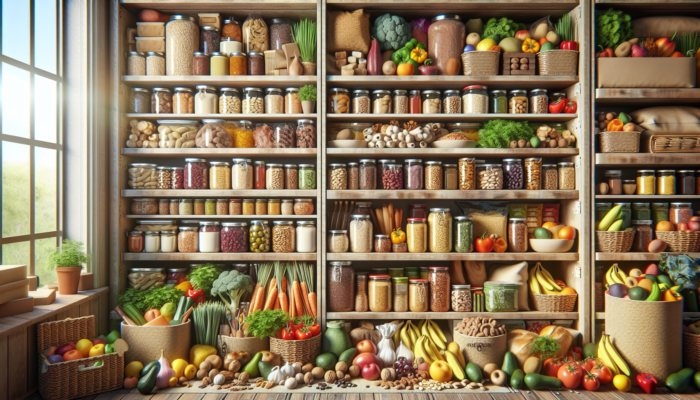 A diverse food stockpile with organised shelves of proteins, fats, carbs, and colourful fruits and vegetables.