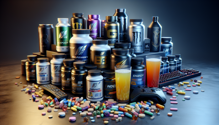 Esports supplements including B-complex, Vitamin C, zinc, magnesium, and energy drinks on a gaming setup.