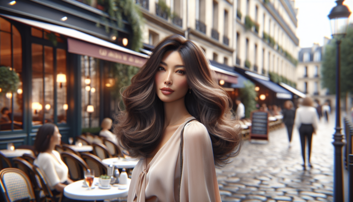 Woman with medium length, layered hair entering a Parisian café, hair cascading elegantly with volume and movement.