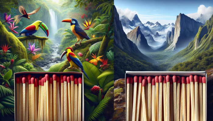 Traditional matches, including safety and strike-anywhere types, shown in Amazon jungle and American Rockies.