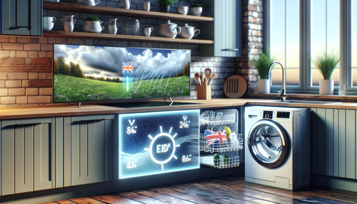 Modern UK kitchen with eco-friendly dishwasher and washing machine on eco-mode, symbolising water conservation.