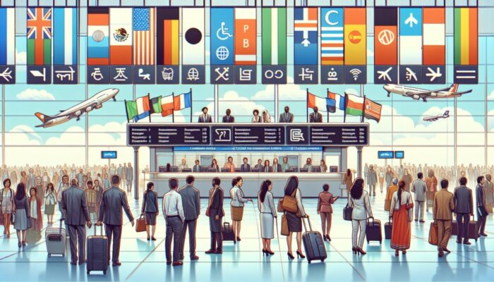 Diverse travelers at airport using multilingual kiosk, smiling and communicating, surrounded by international flags.