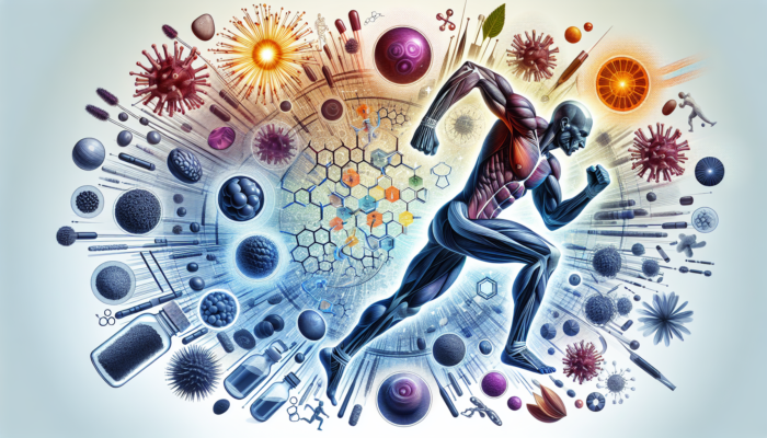 Anatomical illustration of ashwagandha's effects on athletes, showing adaptogenic, hormonal, and antioxidant benefits.