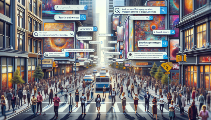 A bustling city street with billboards promoting local businesses, people using smartphones, and maps indicating nearby attractions.
