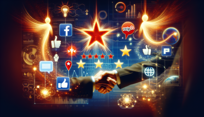 A digital dashboard illustrating customer reviews improving local business search rankings with Google, Yelp, and Facebook icons.