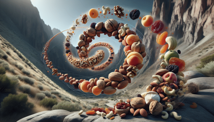 A collage of nuts and dried fruits in a swirling pattern, symbolising quick energy on rugged terrain.