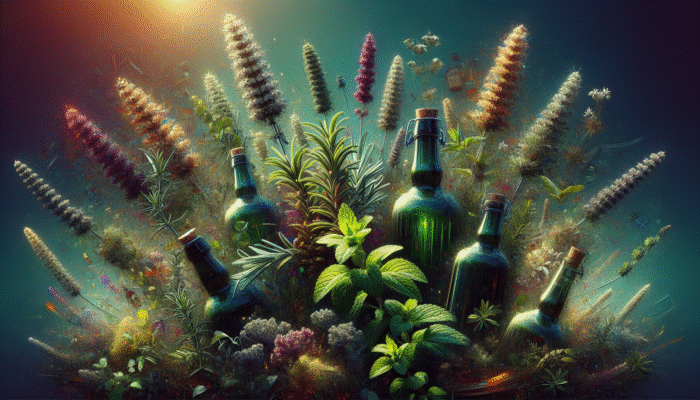 UK garden showcasing rosemary, thyme, mint, with cider and malt vinegar bottles for herbal infusions.