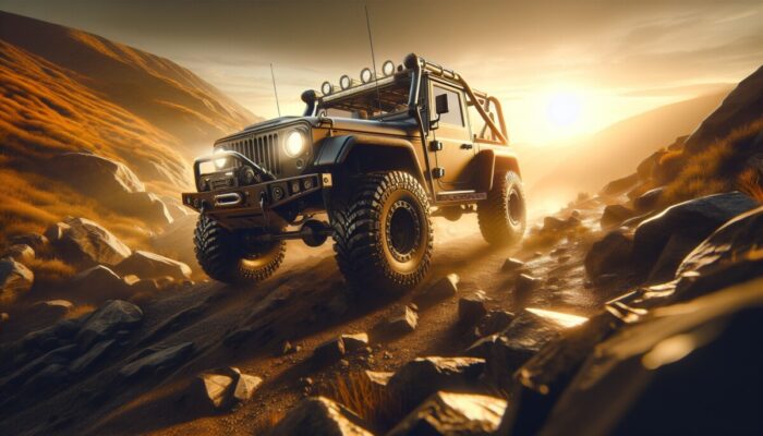 A rugged off-road vehicle on a challenging mountain trail at sunset, emphasizing adventure and safety.