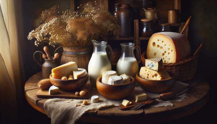 Three bowls of milk on a rustic table: whole, skim, raw, with cheeses showing varied textures and colors.