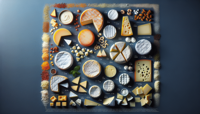 A selection of cheeses like brie and mozzarella with labels showing milk fat content and its effect on texture.