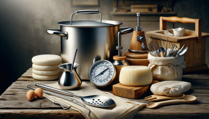 A beginner's cheese-making setup with essential tools on a rustic wooden table.