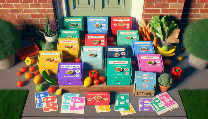 Colourful meal kits on doorstep, labelled vegetarian, gluten-free, with fresh ingredients and recipe cards.