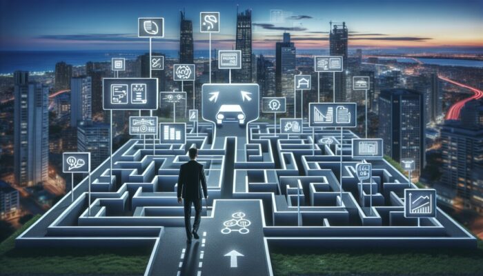 A person confidently navigating a maze symbolising rental car policies in a modern cityscape at twilight.