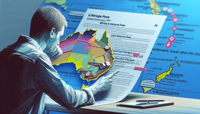 Individual reviewing rental agreement, highlighting fees, with Great Ocean Road map in the background.