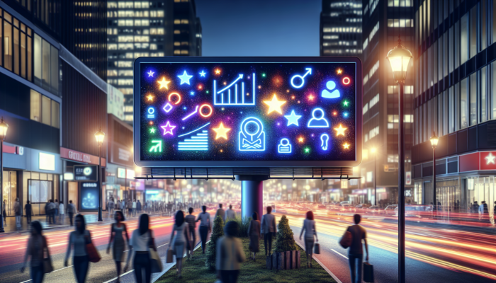 A vibrant digital billboard showing a small business's optimized Google Business Profile on a bustling city street at dusk.