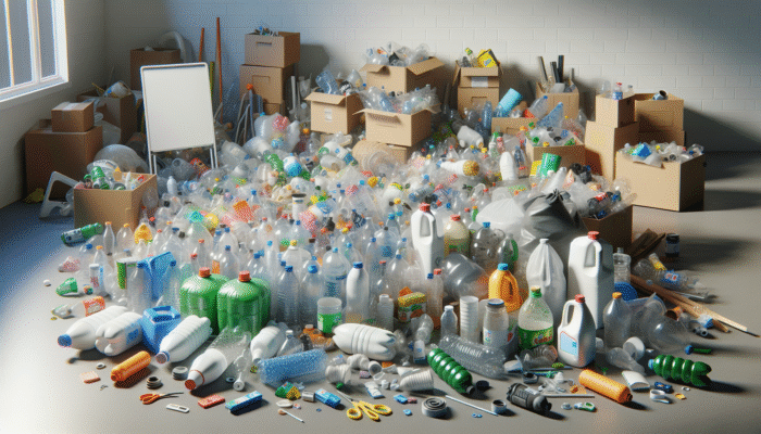 Assorted plastic items including PET bottles, HDPE jugs, and PVC pipes in a UK house clearance.