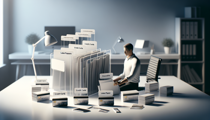Clearing Up Debt Consolidation Confusion: A Clear Guide | DCL A person in the UK consolidates scattered loan papers and credit cards into a single folder in an organised office.