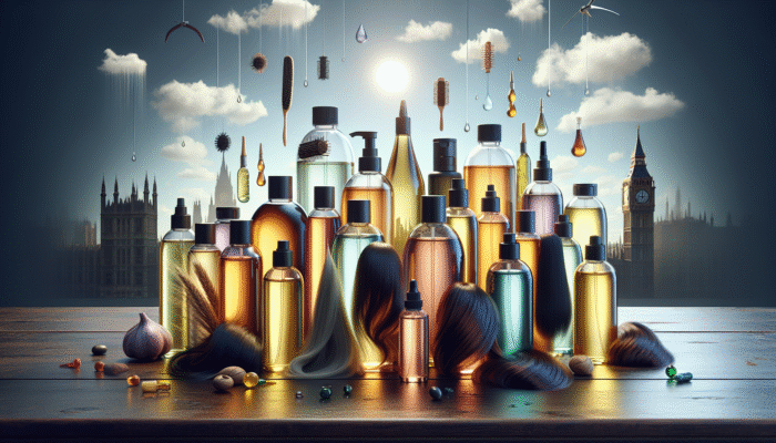 A variety of hair oils displayed on a wooden table, labelled with benefits for different hair types, set against a backdrop reflecting UK weather.