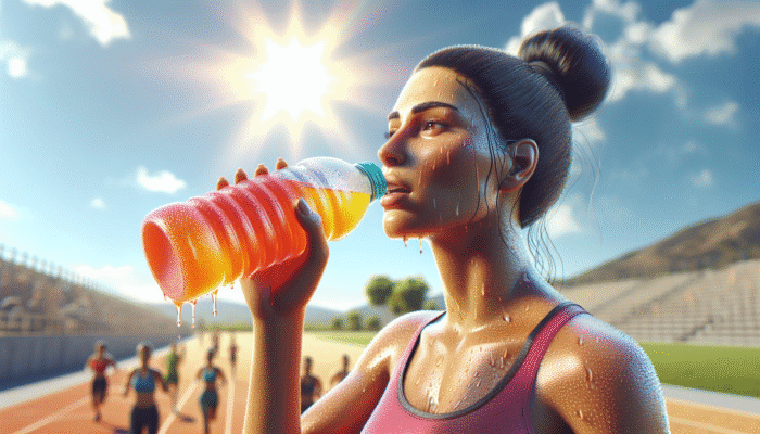 Individual consuming a vibrant electrolyte drink while sweating in a bright, sunny setting, highlighting the importance of hydration and physical activity.