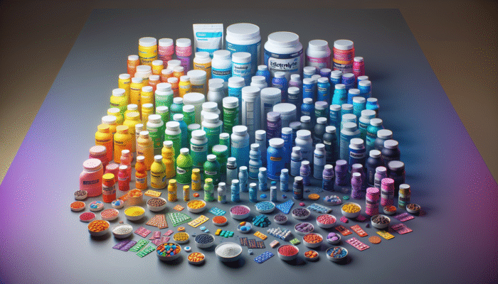 A vibrant selection of electrolyte supplements in various forms including powders, tablets, and drinks displayed on a table.