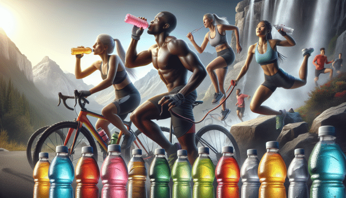 Colourful ready-to-drink electrolyte beverages alongside athletes hydrating during strenuous workouts.