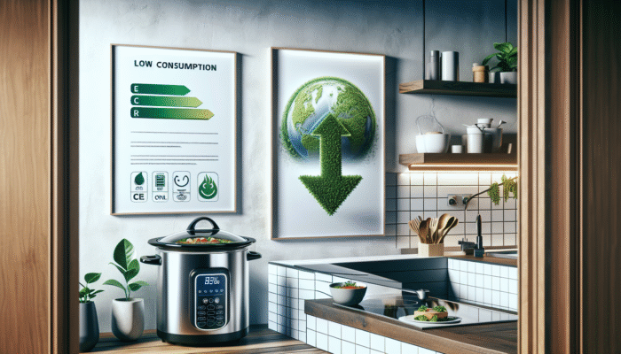 A slow cooker in a modern kitchen, simmering stew, with energy-saving appliances and a low utility bill, symbolising environmental benefits.