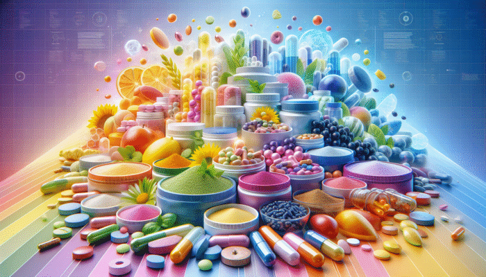 A colourful assortment of dietary supplements in various forms such as capsules, tablets, and powders against a lively backdrop.