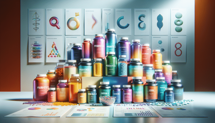 An array of specialty supplement bottles, featuring probiotics, omega-3, and protein powders, against a health-focused backdrop.
