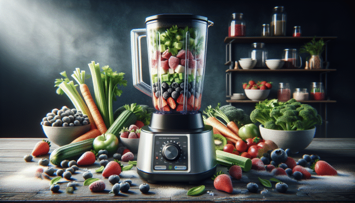 High-quality blender processing whole foods, promoting wholesome nutrition with colourful ingredients.