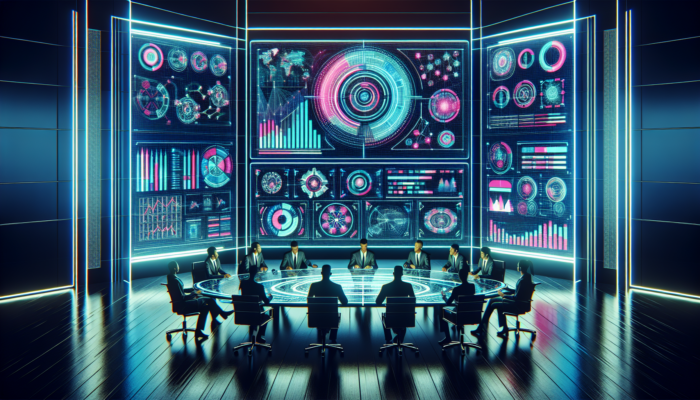 Futuristic command center with holographic screens showing Google Business Profile analytics, team strategizing, modern design with neon accents.