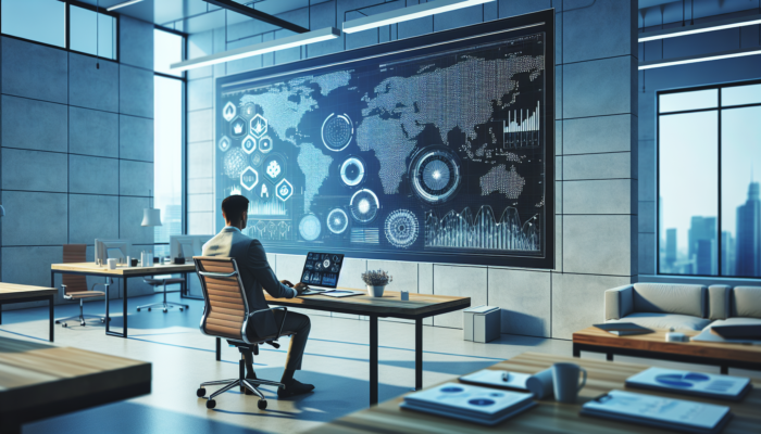 A person analyzing colorful Google Analytics graphs on a large screen in a modern office, surrounded by business strategy notes and a laptop displaying a business profile.