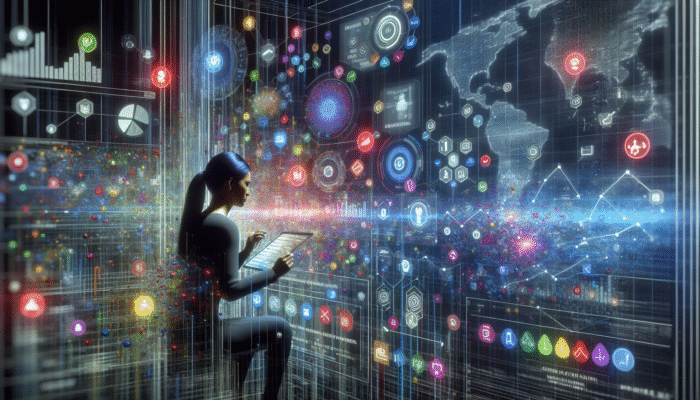 A digital strategist analysing data on a futuristic screen with social media icons and engagement graphs.