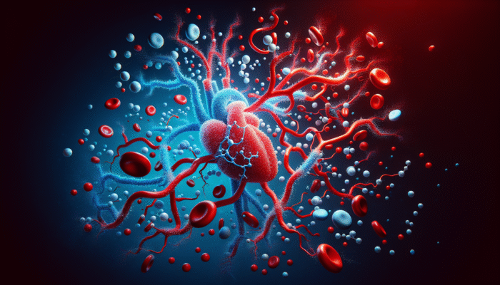 Illustration of nitric oxide molecules enhancing cardiovascular health in blood vessels, with red and blue colours.
