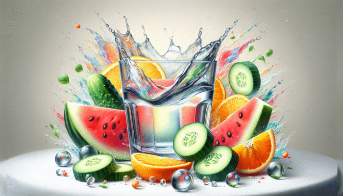A glass of water adorned with cucumber, orange, and watermelon slices, illustrating hydration for hair health.