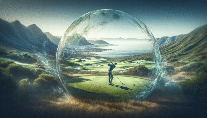 Golfer tees off at Pezula Championship Course, enjoying stunning coastal views of the Indian Ocean and mountains.