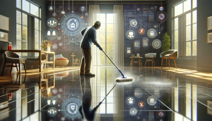 Person using spray mop on glossy stone floor, ensuring safety in home with children and elderly.